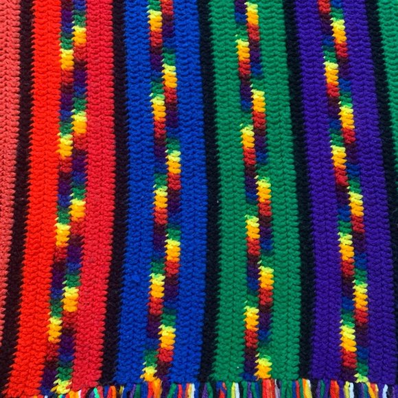 VTG Handmade Rainbow Striped Fringed Afghan Throw - Picture 6 of 10